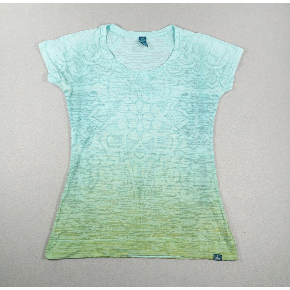 Prana Womens Tee M Burnout Mandala Graphic Ombre Green Teal Short Sleeve Scoop